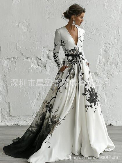 Womens Retro Bohemian Rose-Embroidered Loose Linen Dress