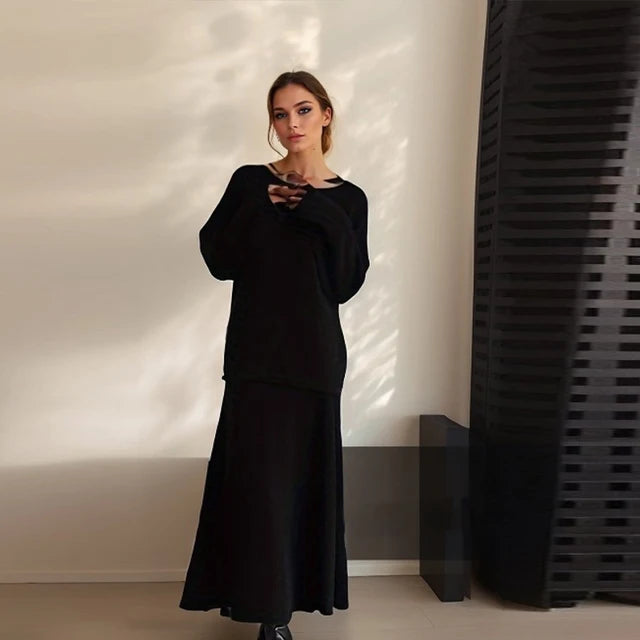 Knitted Sweater Skirts Suit Female Slash Neck Loose Long Sleeve Pullover And Elastic High Waist Fishtail Skirts