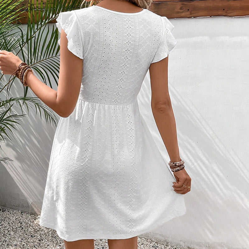 Women's V Neck Lace Mini Dresses Casual Summer Ruffle Sleeve Crochet Sundresses
