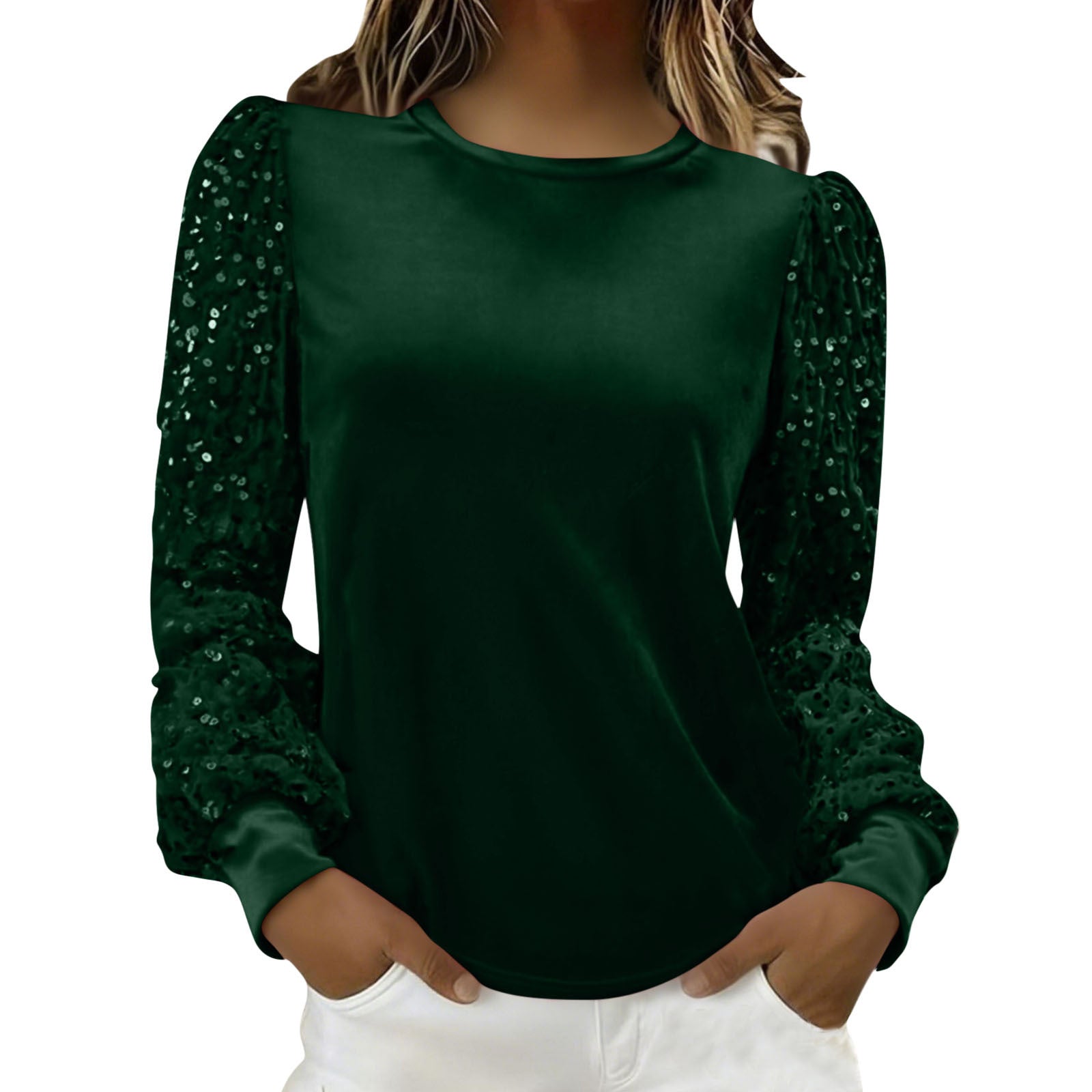 Velvet Crew-Neck Sequin-Patchwork Long-Sleeve T-Shirt Top