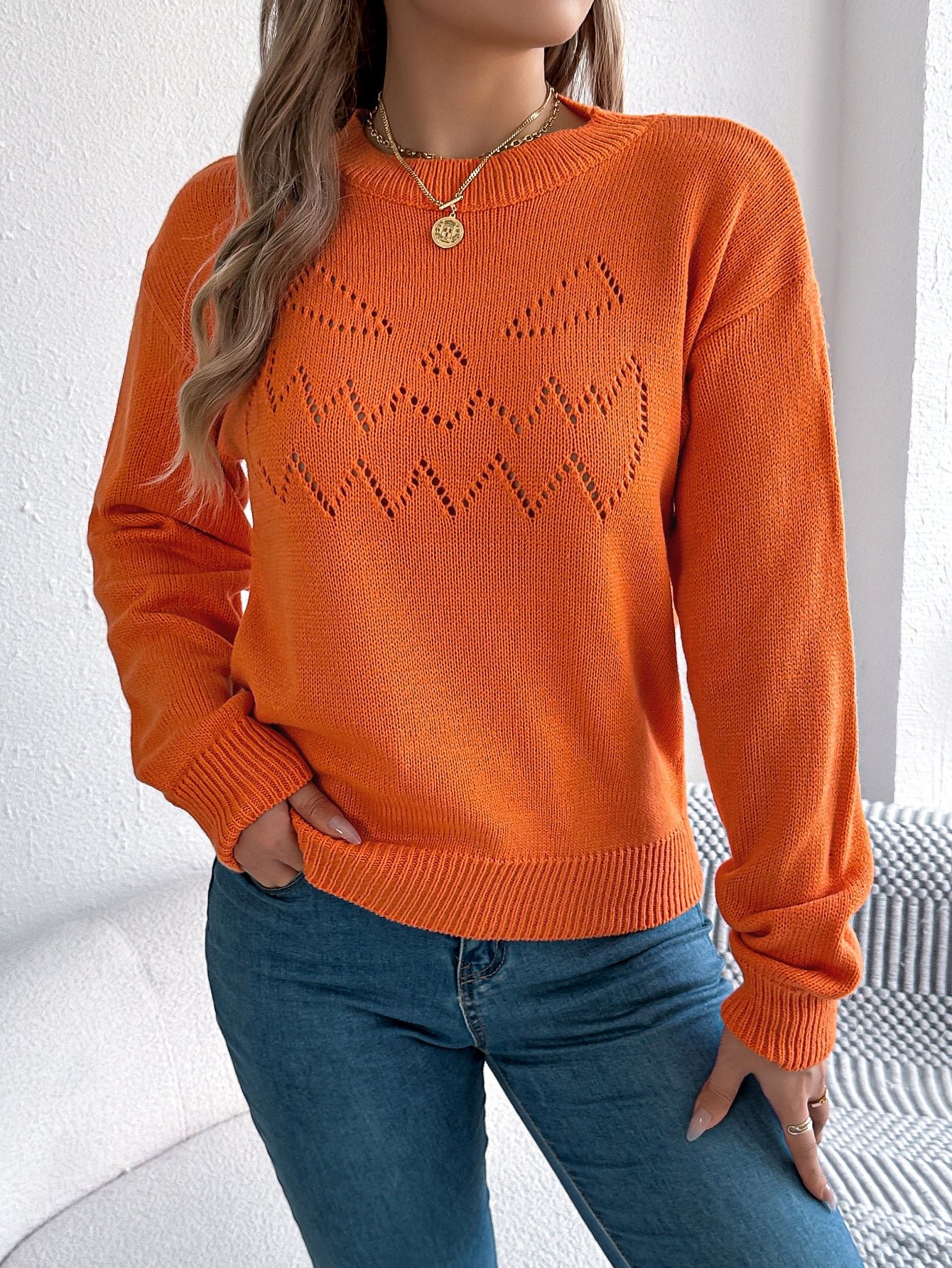 Women Solid Color Hollow Out Lantern Sleeve Pullover Sweater