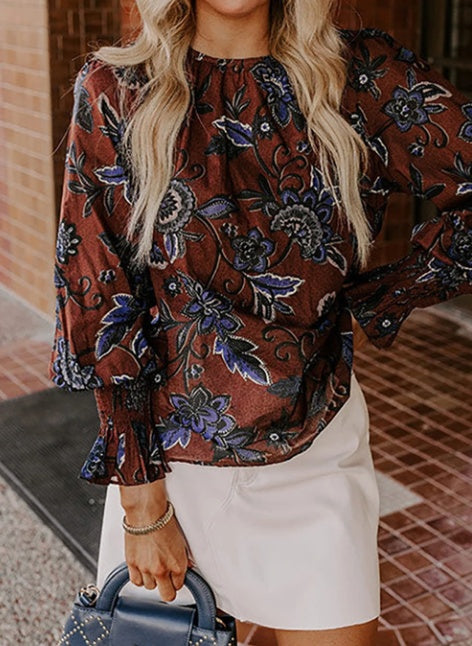 Brown Autumn Floral Print Smocked Cuffs Blouse