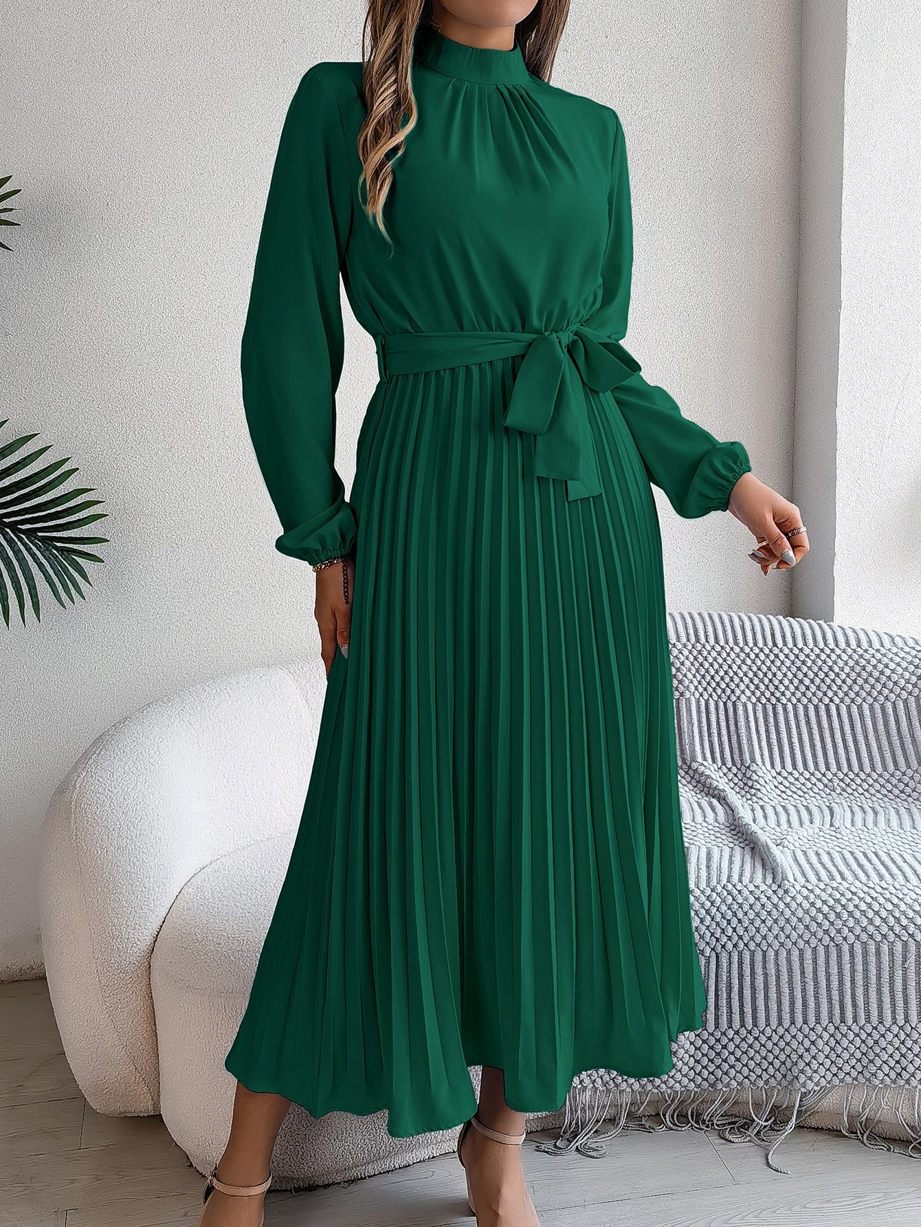 Women's Elegant Stand Collar Long Sleeve Tie Waist Pleated Maxi Evening Dress