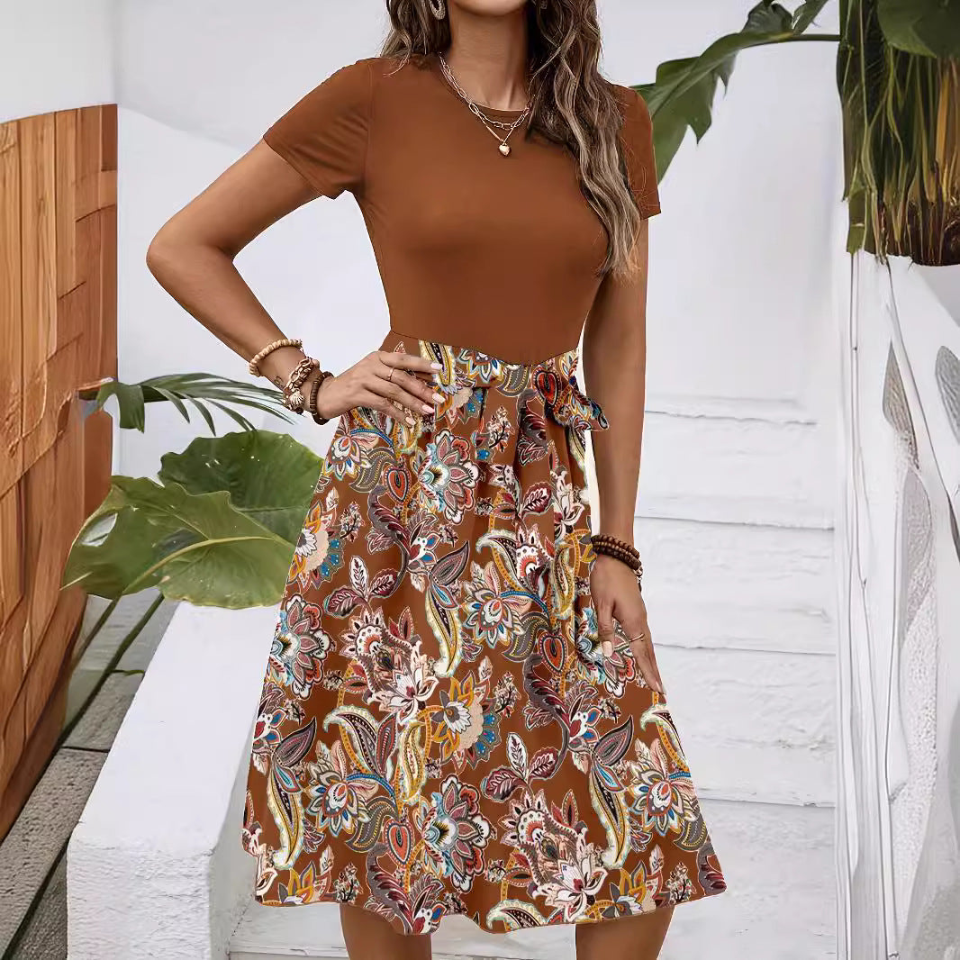 Fashionable Paisley-Print Colorblock Belted Dress
