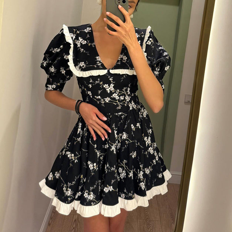 Womens Fashionable Printed Shawl Collar Patchwork Short-Sleeve Waist-Cinching Dress