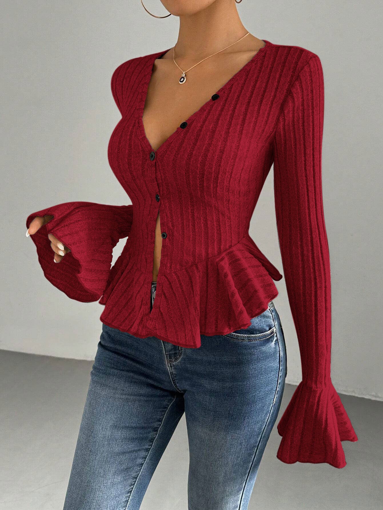 European And American Elegant Style Autumn And Winter New V-neck Ruffled Slim Temperament Top