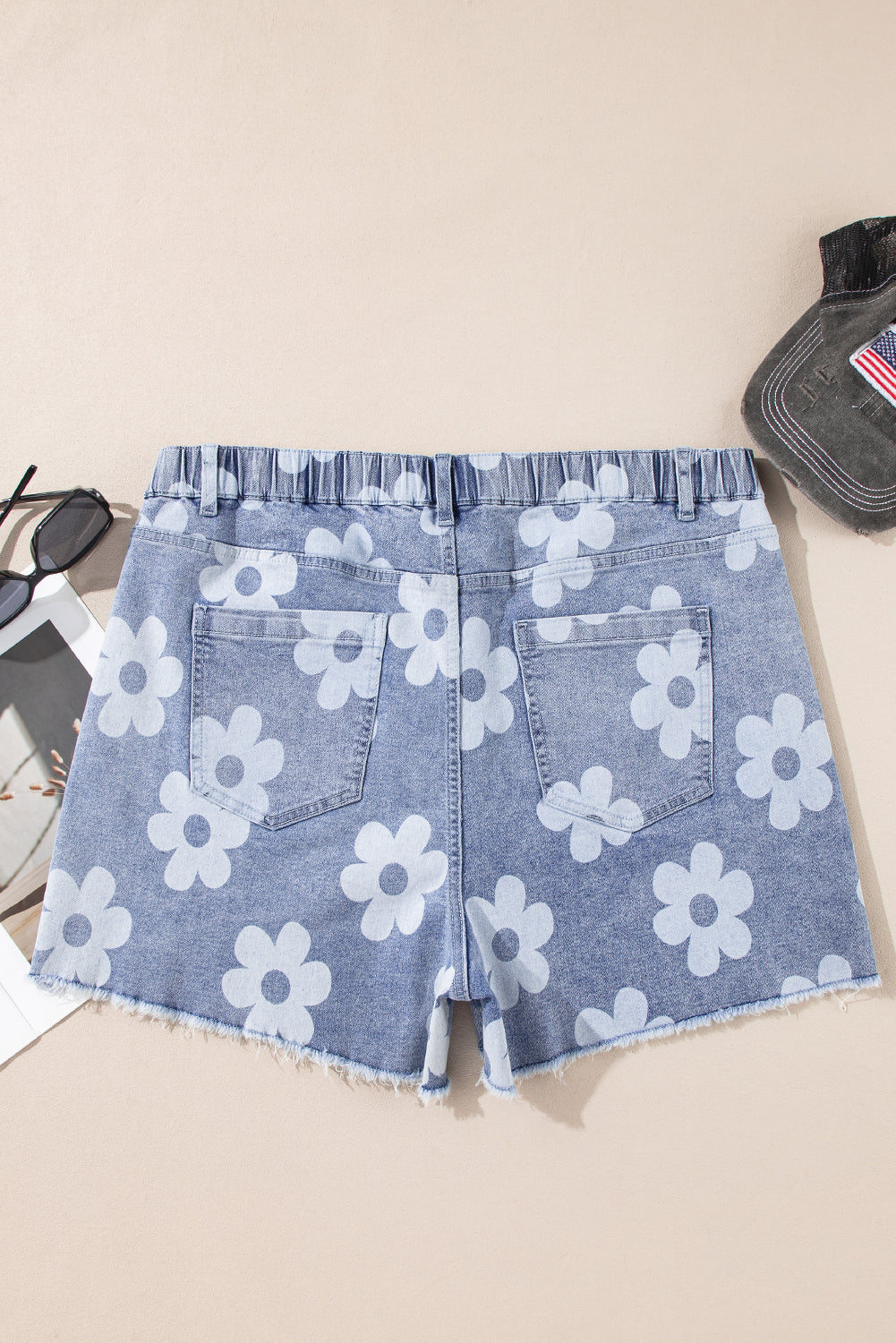 Ashleigh Blue Floral Pattern High Waist Raw Hem Plus Size Denim Shorts
