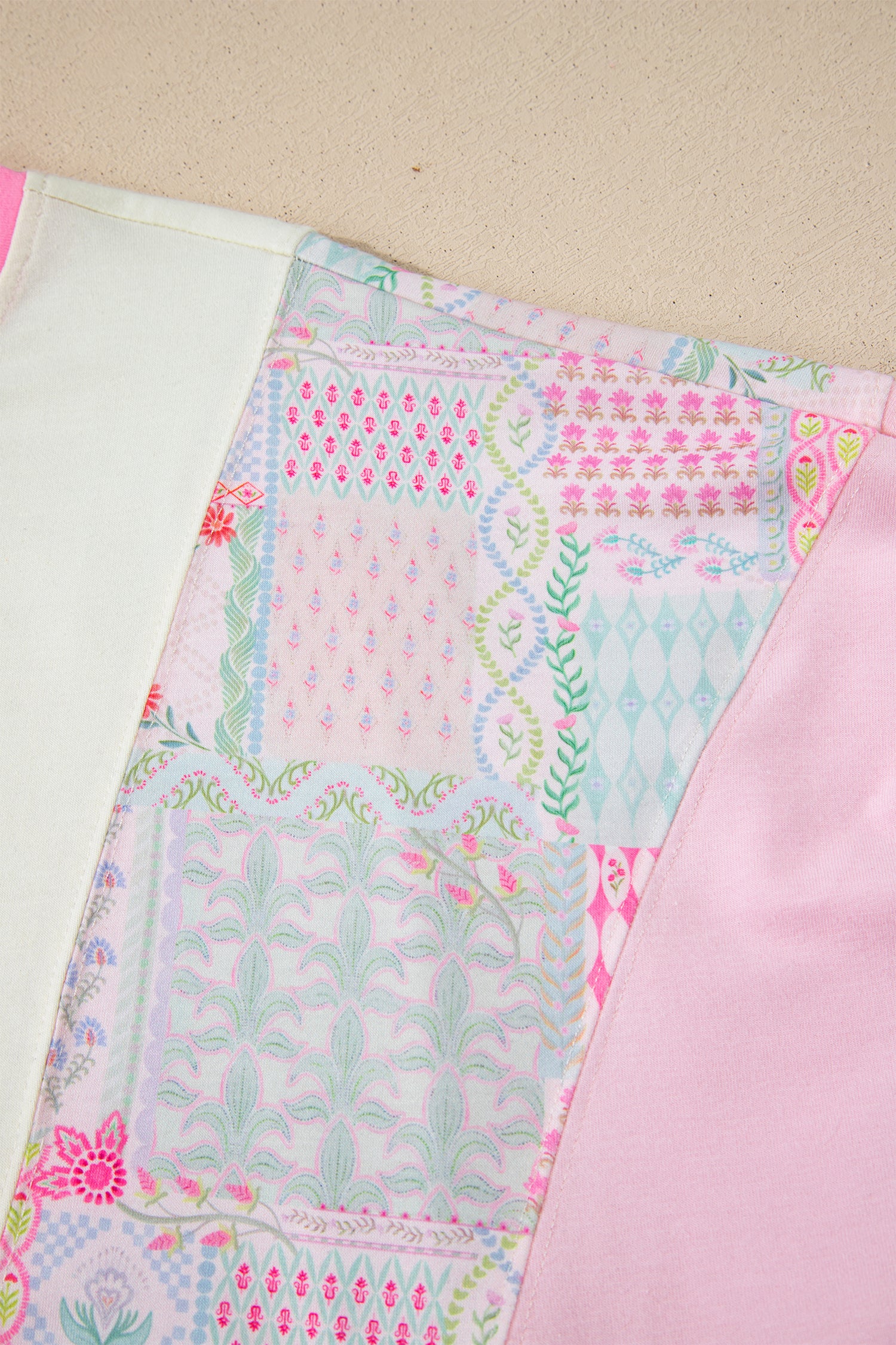 Beige Color Block Floral Patchwork Big Flower Accent Relaxed Top