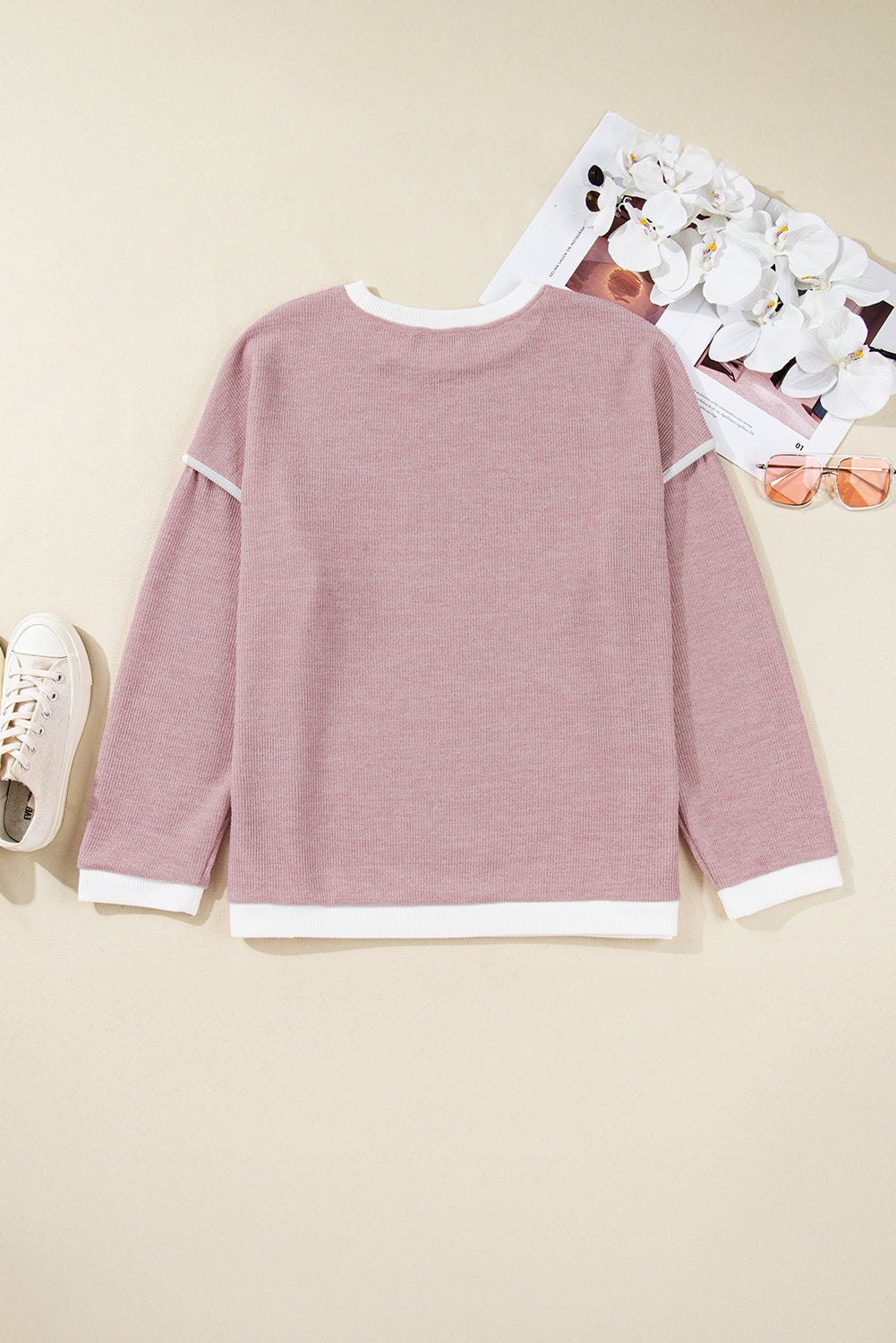 Light Pink Contrast Trim Knitted Drop Shoulder Plus Size Top