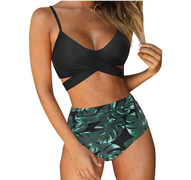 European and American swimsuit women's sexy solid color split bikini lace up high waisted leopard print cross tight swimsuit