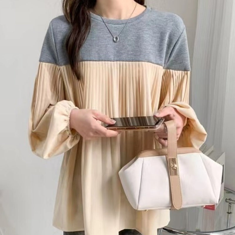 Elastic Lantern Sleeve Round Neck Contrast Color Pleated Long Sleeve Sweater