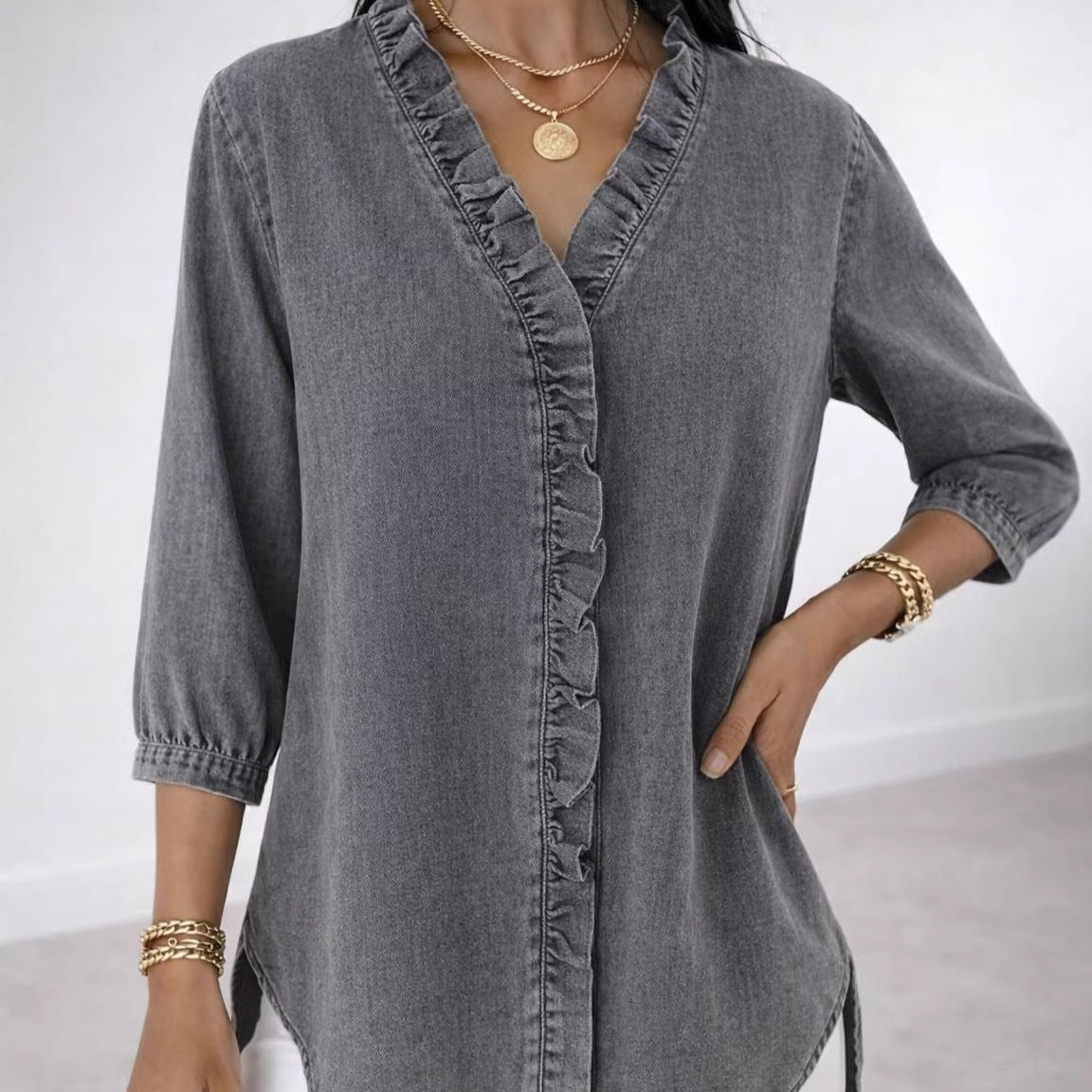 Women's Fashionable Casual Faux Denim V-Neck Shirt