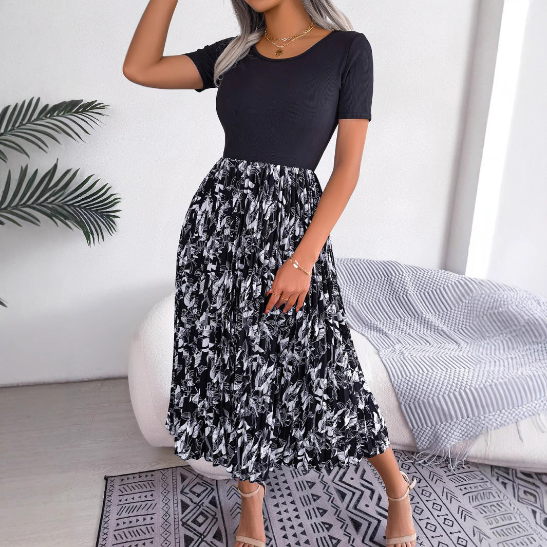 Womens Casual Leaf-Print High-Waisted Pleated Midi Dress