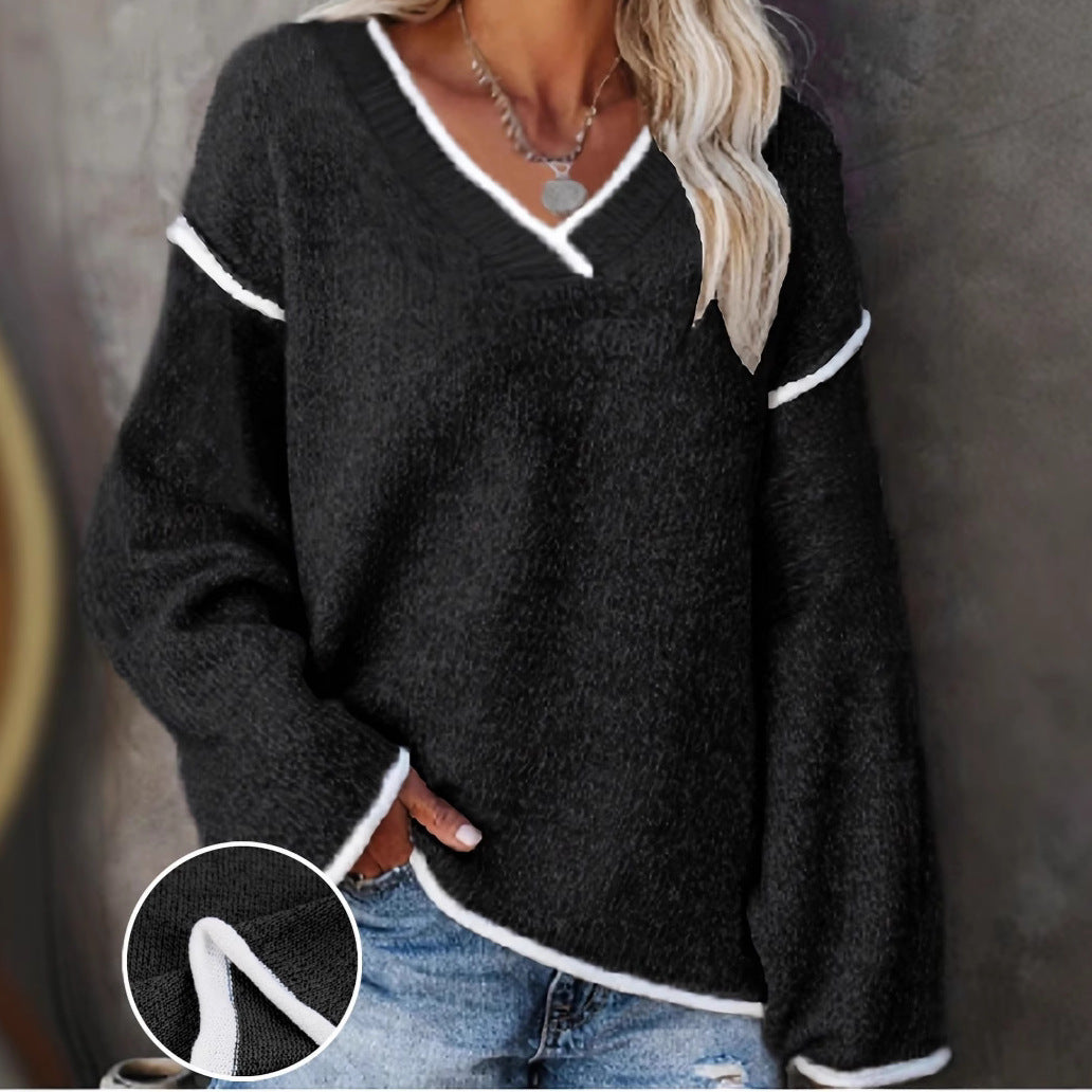 V-neck Color-contrasting Stripe Loose Casual Plus Size Women's Knitted Blouse
