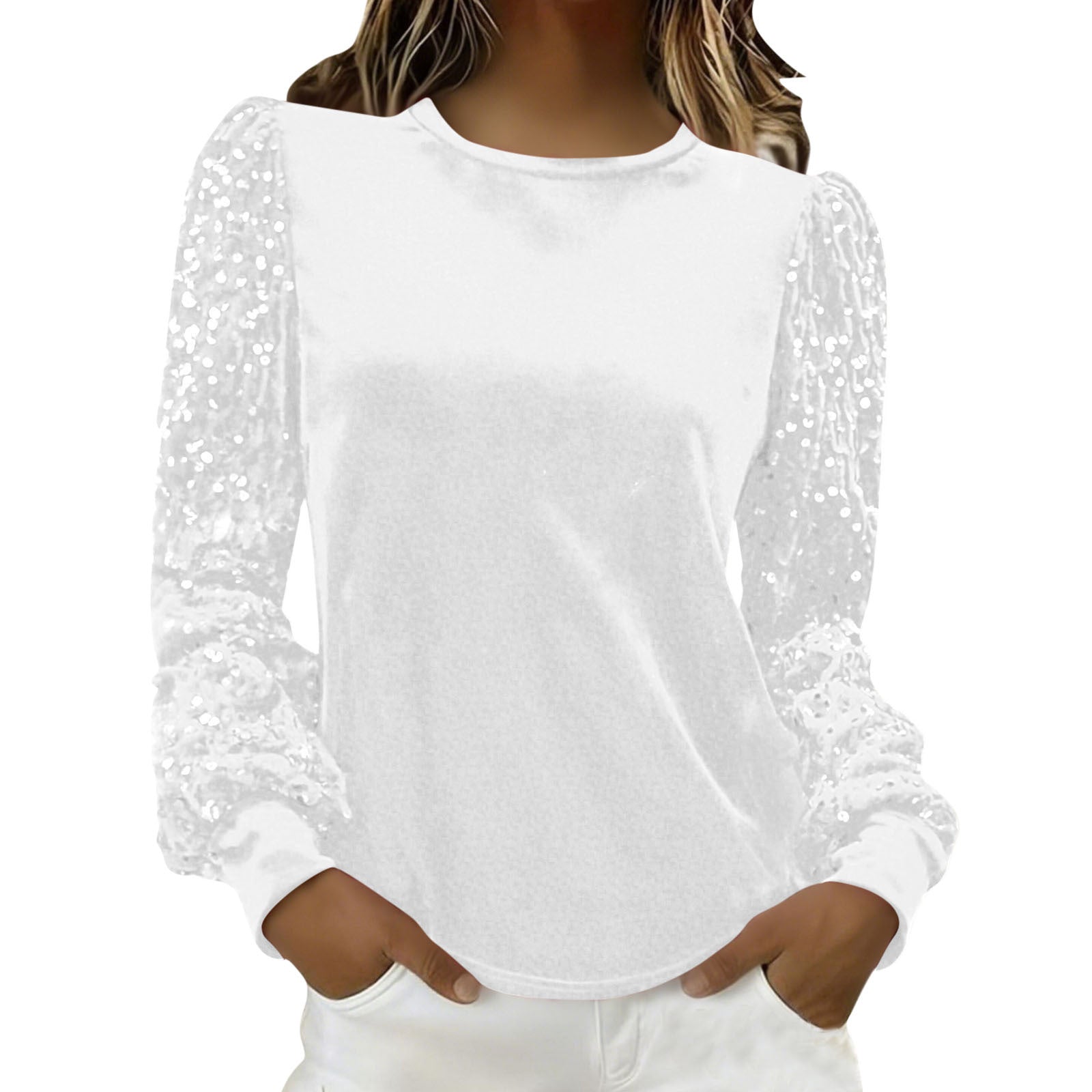 Velvet Crew-Neck Sequin-Patchwork Long-Sleeve T-Shirt Top