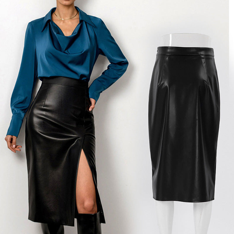 European And American Leisure Split High Waist Leather Skirt