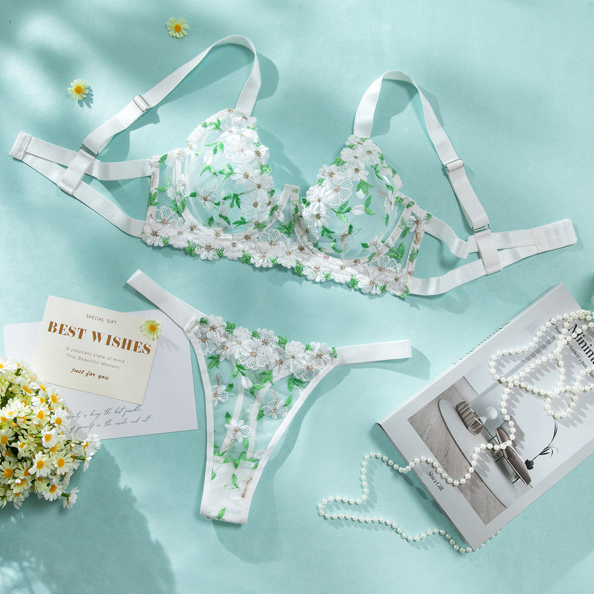 Lingerie With Steel Ring Hot Floral Embroidery See-through Bra Set