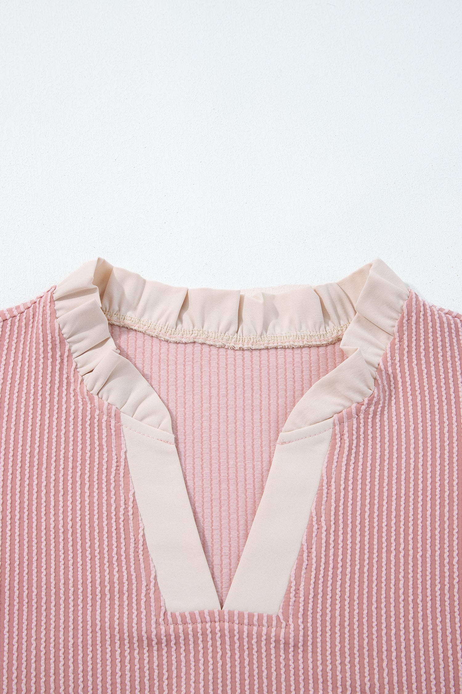 Fushia Plus Size Contrast Frilled Neckline Ruffled Short Sleeve Ribbed Textured Blouse