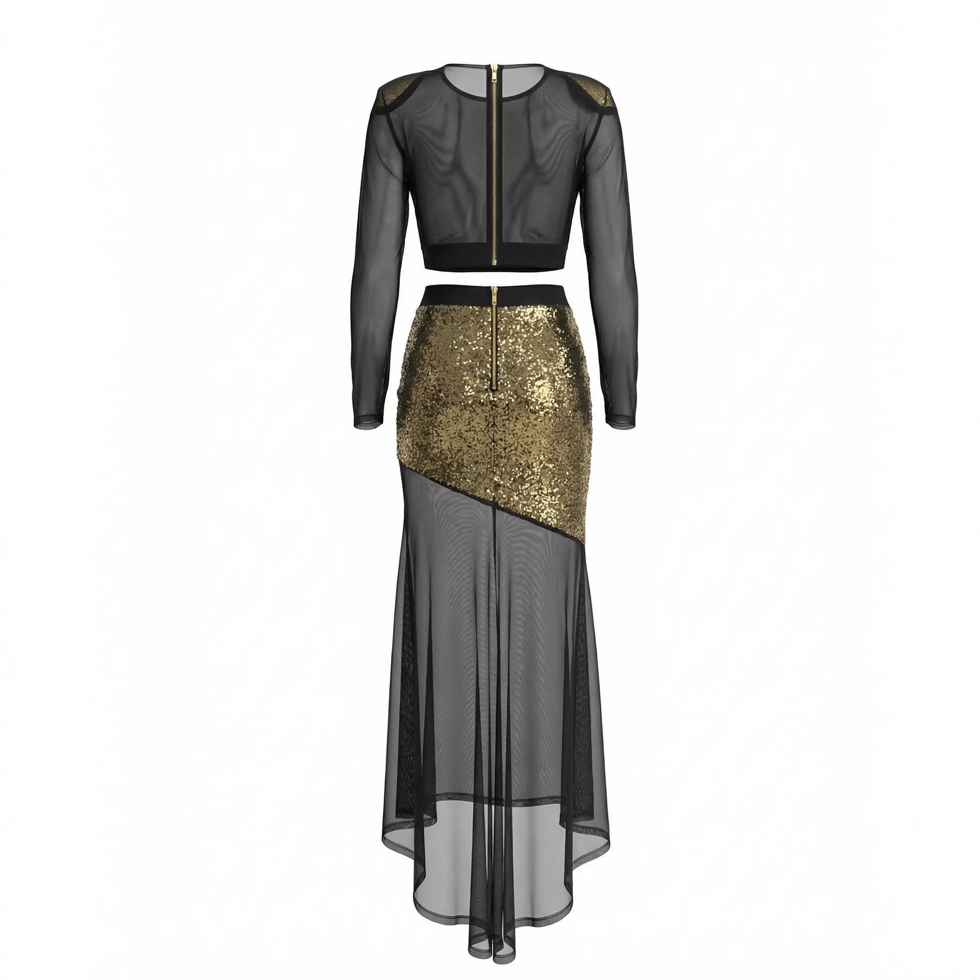 Golden Sequin-embellished Mesh Sheer Two-piece Set Long-sleeve Split Maxi Dress Perfect For Parties And Evening Events