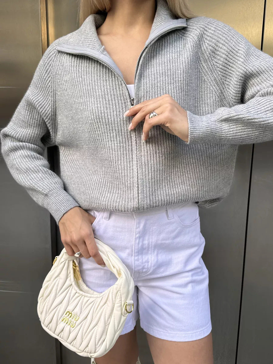 Women's Casual Knit Dual-zip Solid Color Sweater