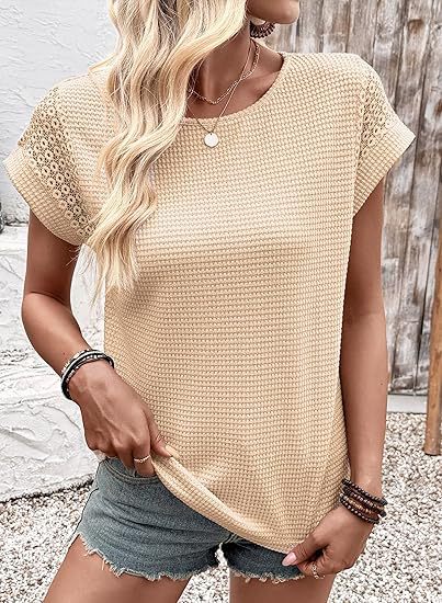 Women's Round-neck Waffle Knit Lace Cutout Short-sleeved Shirt