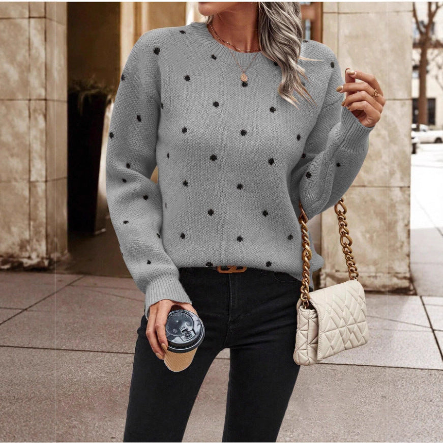 Fashion Round Neck Long Sleeve Pullover Sweater Polka Dot Print Knitwear