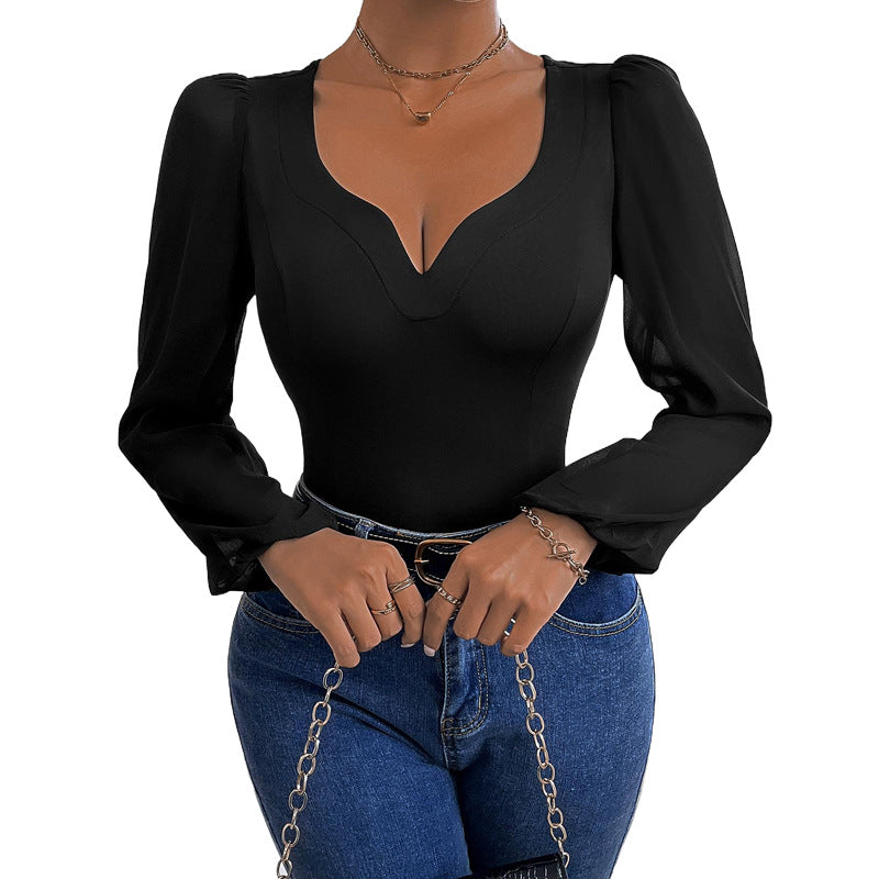 Ladies' Mesh V-neck Patchwork Jumpsuit