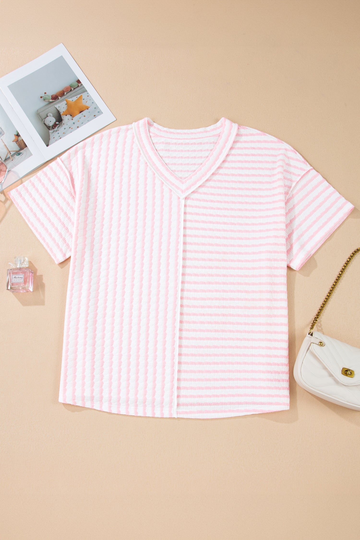 Pink Stripe Plus Size V Neck Exposed Seam Patchwork T Shirt