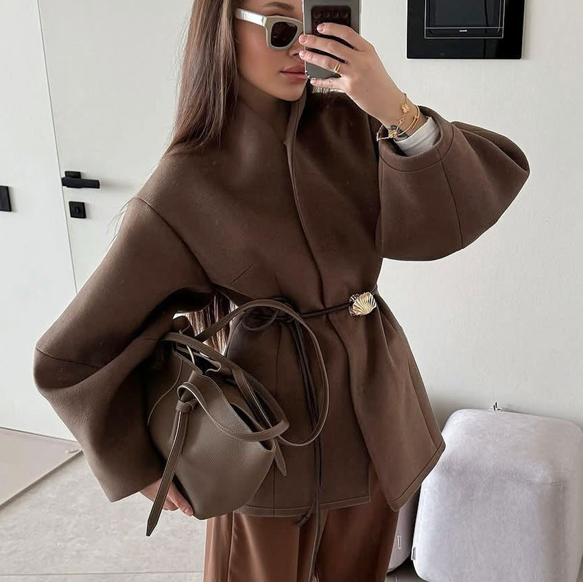 High-grade Brown Waist-tight Woolen Coat For Women