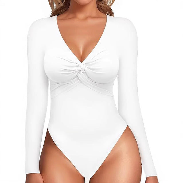 Deep V-neck Knot Slim-fit Long-sleeved Bottoming Women's Tight Jumpsuit