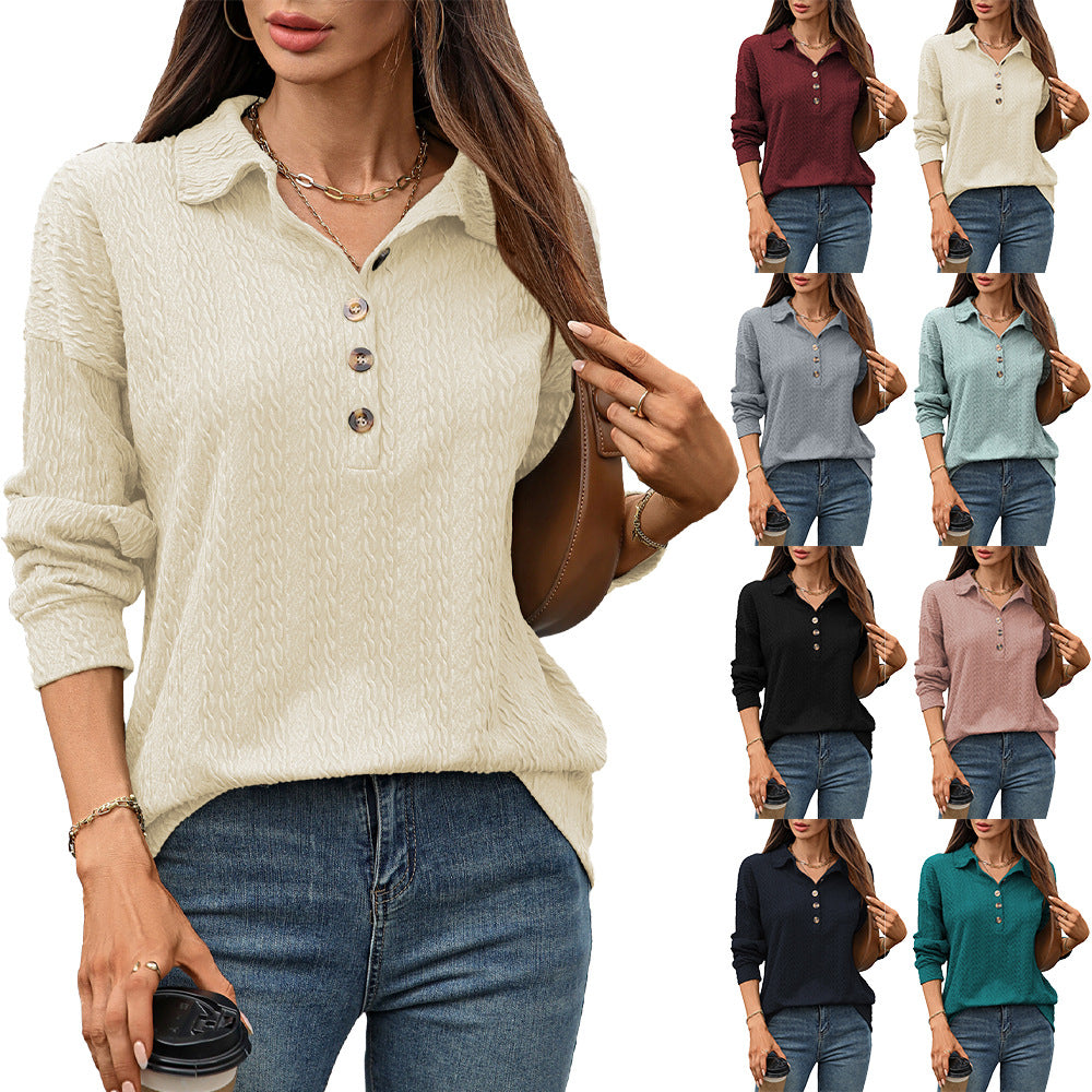 Solid Color Polo Collar Button Loose Long Sleeve Sweatershirt