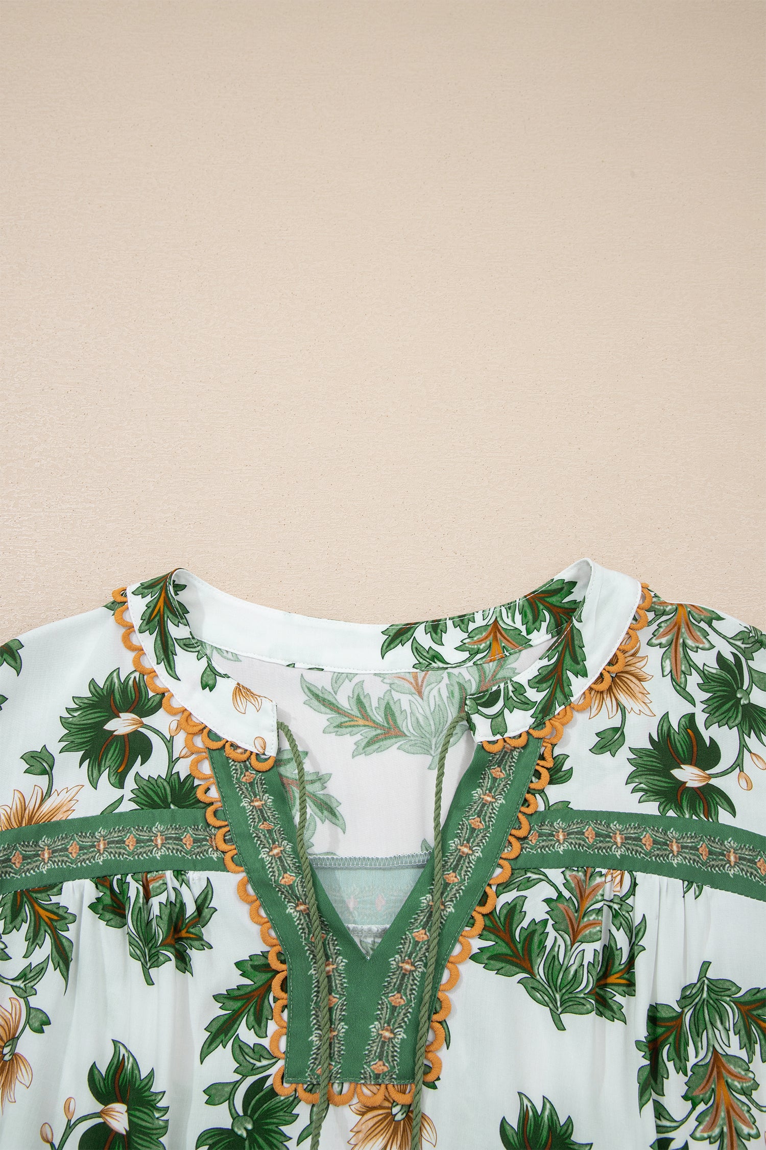 Green Plus Size Floral Printed Contrast Patchwork Detail Tassel Tie 3/4 Sleeve Blouse