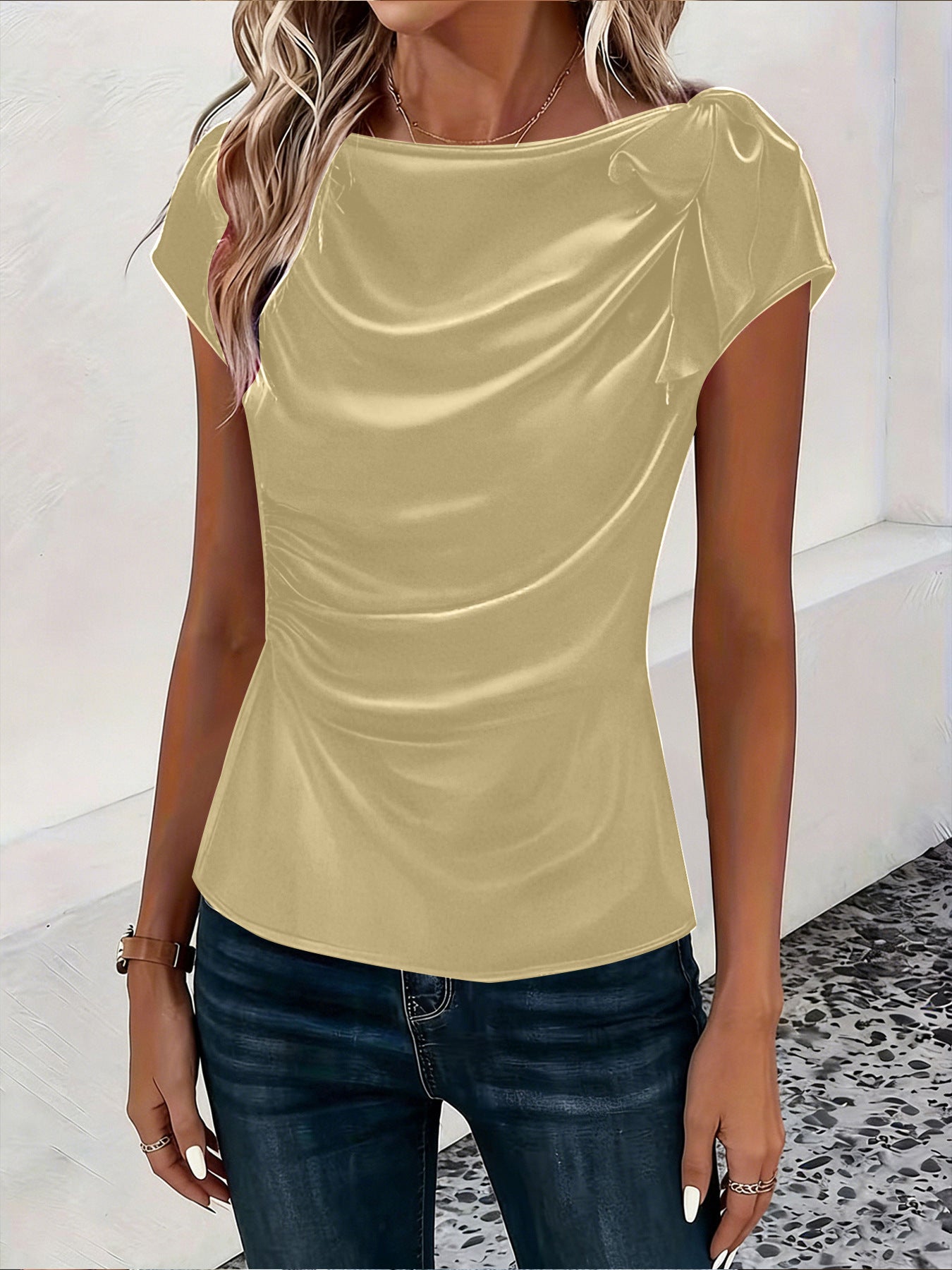Solid-color Satin Faux-silk Off-the-shoulder Sleeveless Work Top