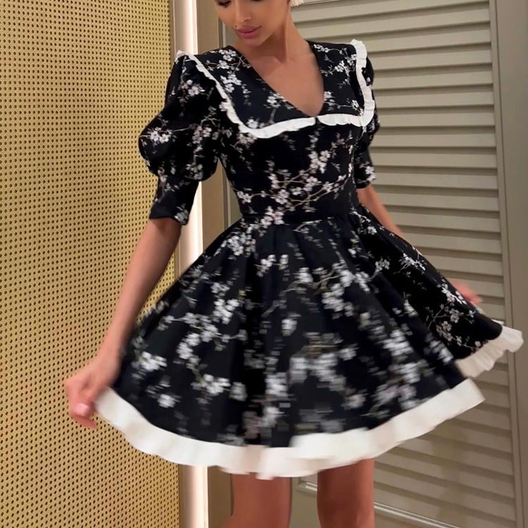 Womens Fashionable Printed Shawl Collar Patchwork Short-Sleeve Waist-Cinching Dress