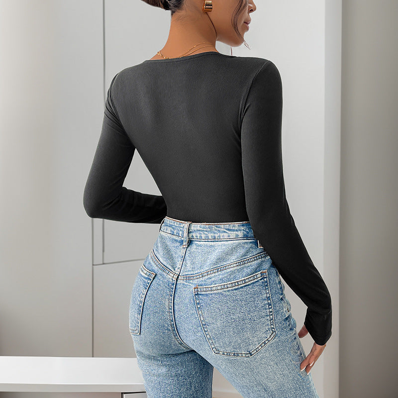 Long Sleeve Square-neck Contrast Color Knitted Jumpsuit