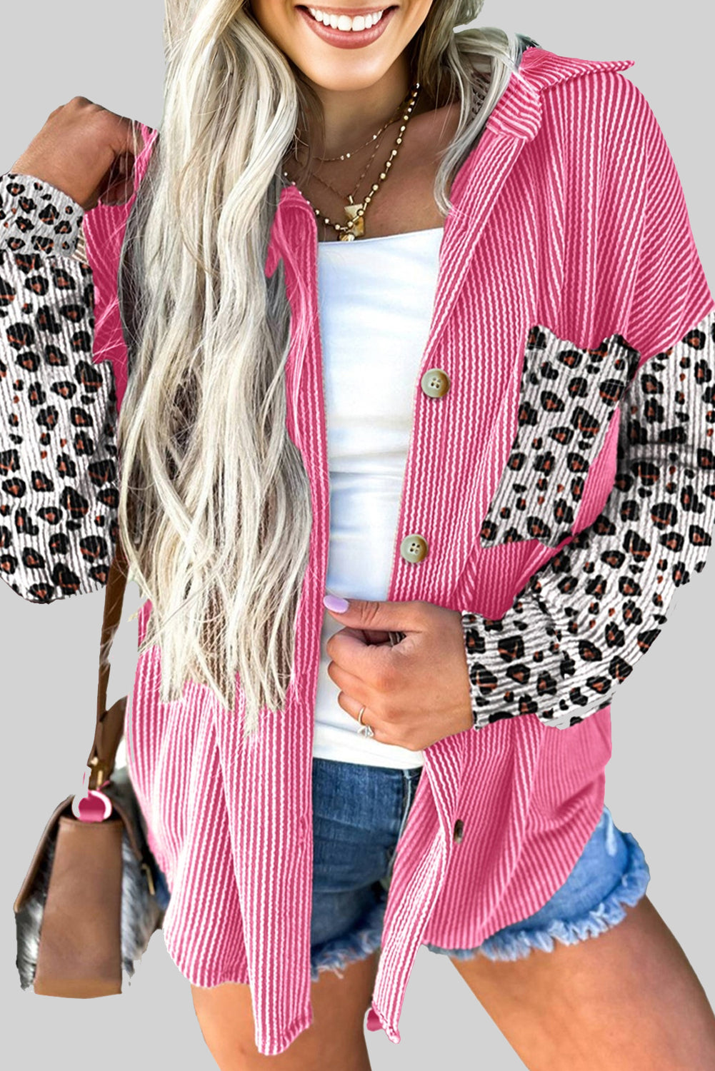 Rose Red Leopard Patched Twisted Ribbed Western Casual Shacket