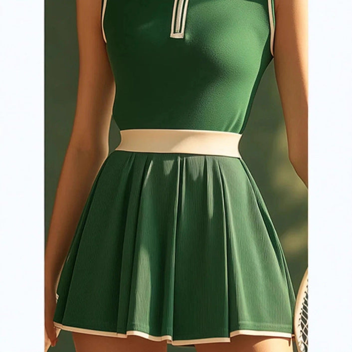 White Embellishments Green Sleeveless Mini Skirt