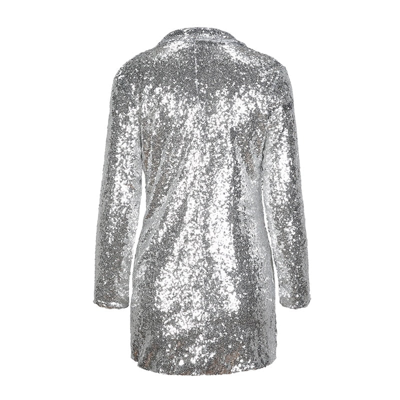 Silver Sequined Coats Turn-down Collar Long Sleeve Outwears Cardigan Jackets