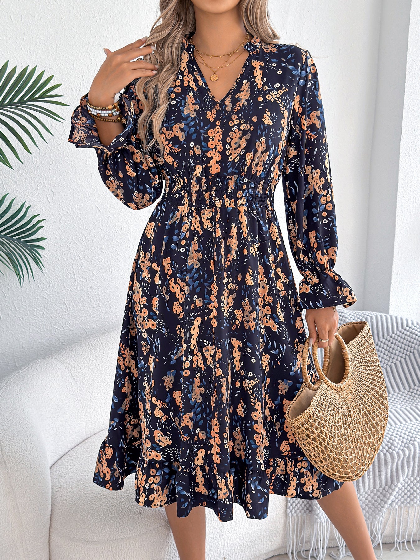 Women's Casual Floral Print Bell Sleeve Tie Waist A-Line Dress