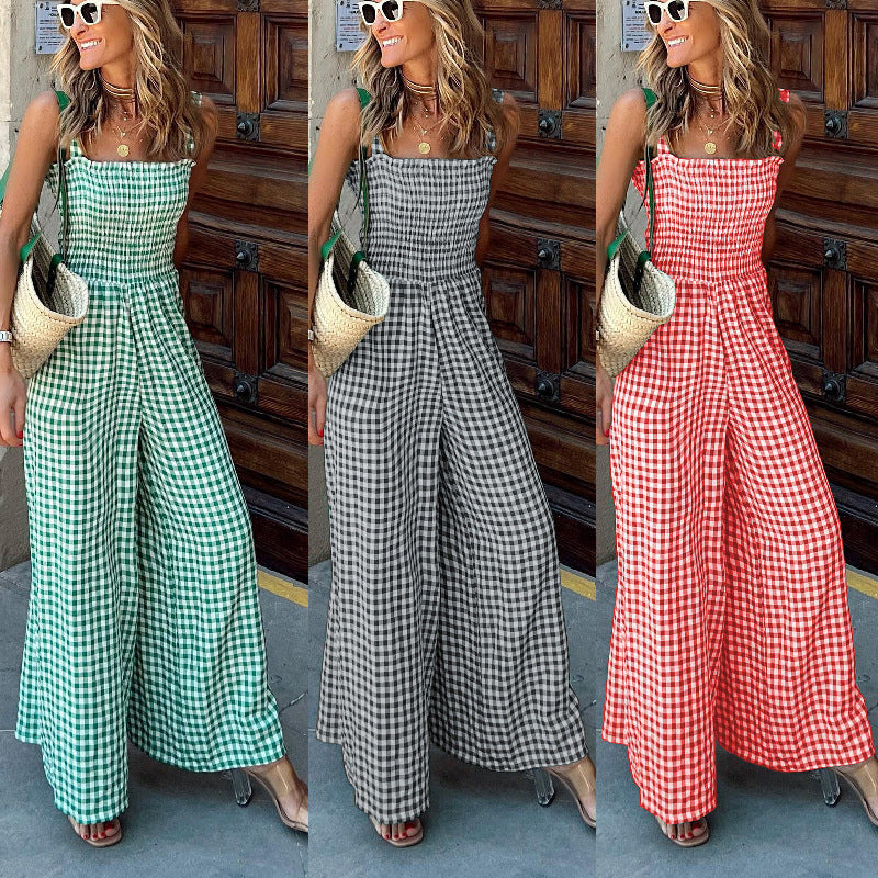 Summer Temperament Women's Trousers Plaid Jumpsuit Mid-Waist Casual Pants