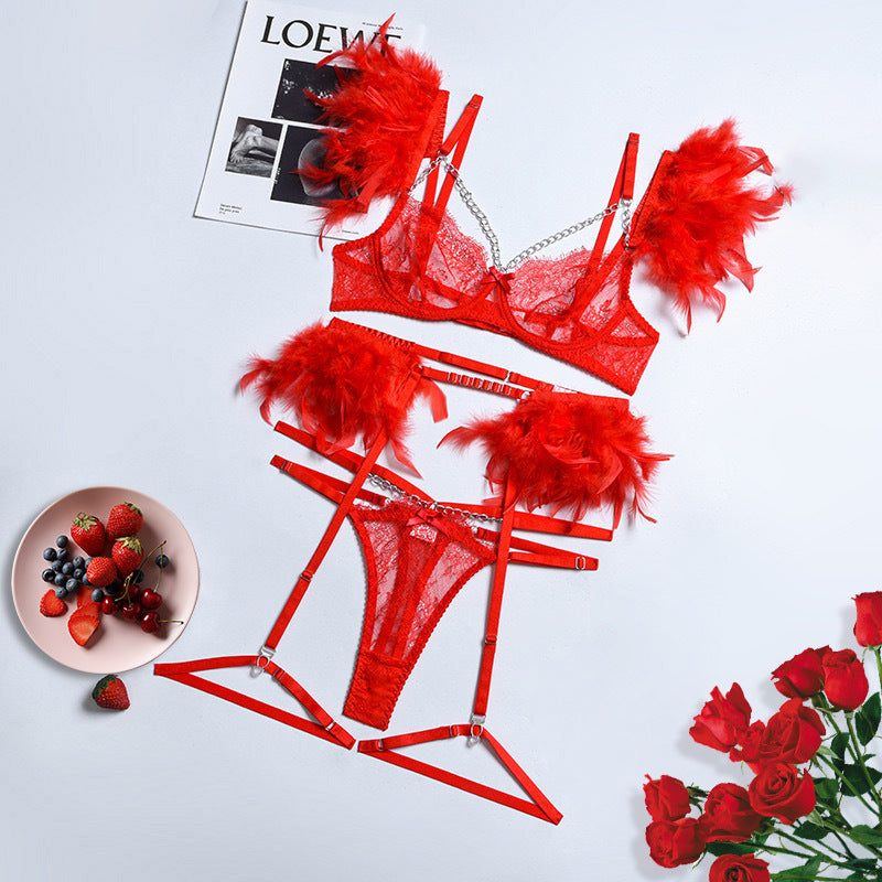 Sexy Lingerie Feather Lace Splicing Metal Chain Seductive Fitted Four-Piece Set