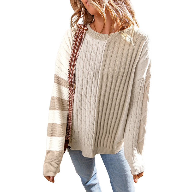 European And American Leisure All-match Color-block Crew Neck Sweater