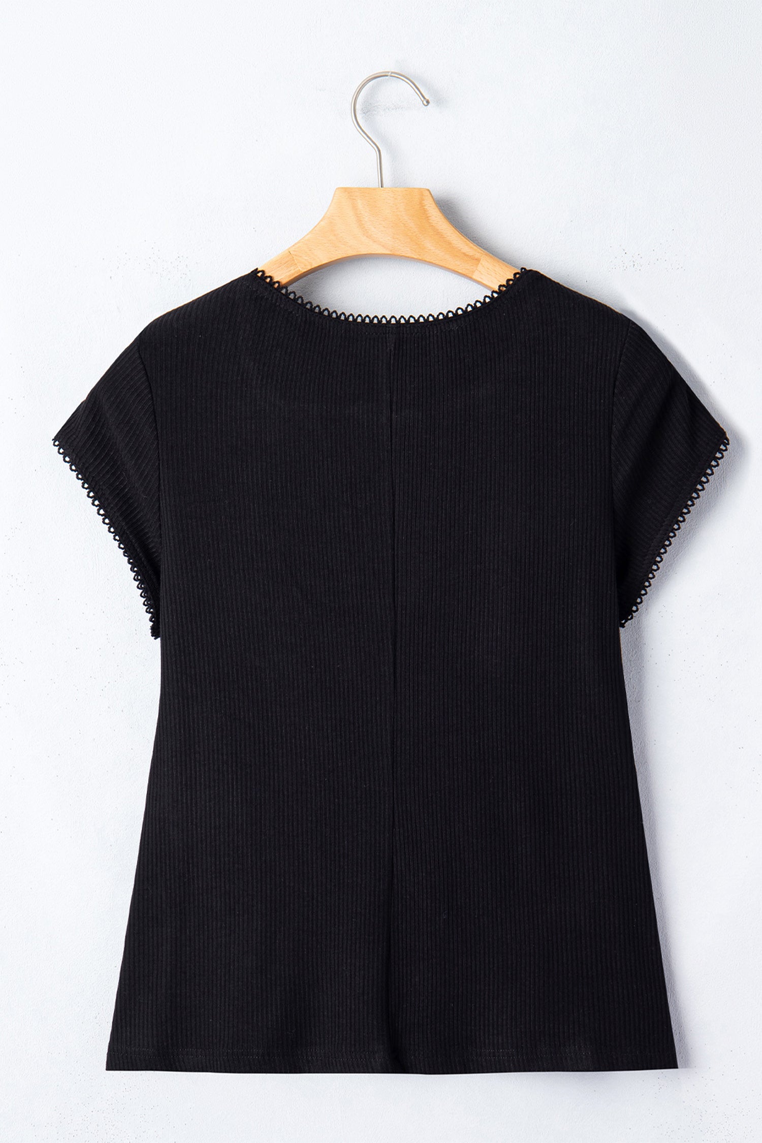 Black Solid Color Ribbed Knit Lace Trim Button Down Short Sleeve Top