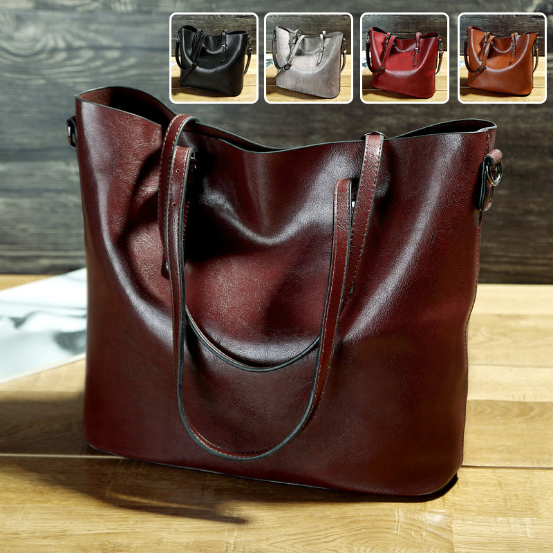 Simple Oil Wax Leather Messenger Shoulder Bags Women's High Capacity Portable Tote Bag