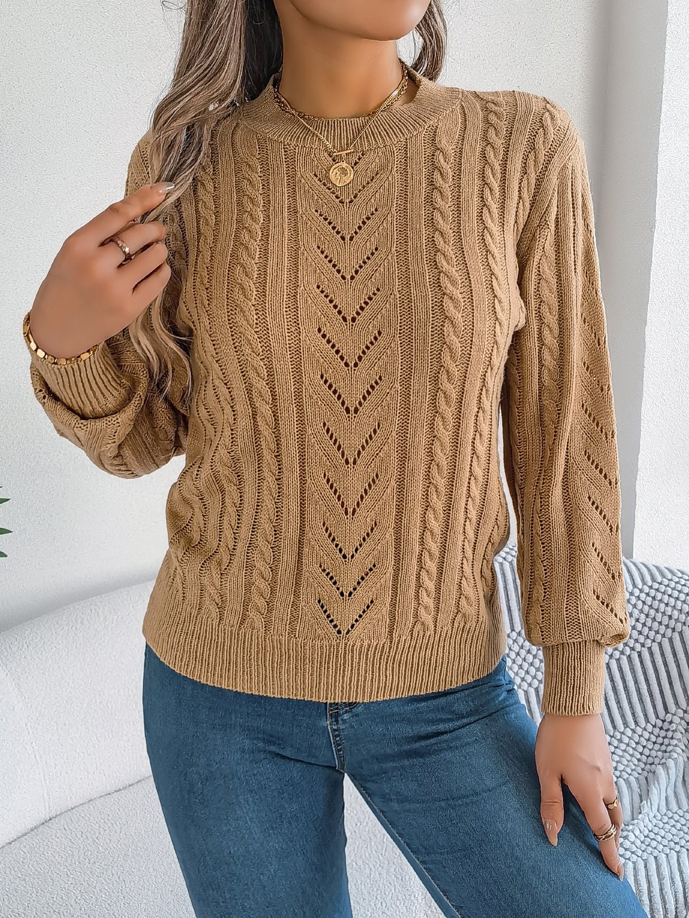 Women Casual Solid Color Hollow Out Lantern Sleeve Pullover Sweater