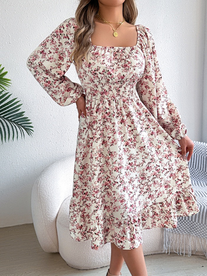 Women's Elegant Floral Square Neck Long Sleeve Waist-Defined Hem Ruffle A-Line Dress