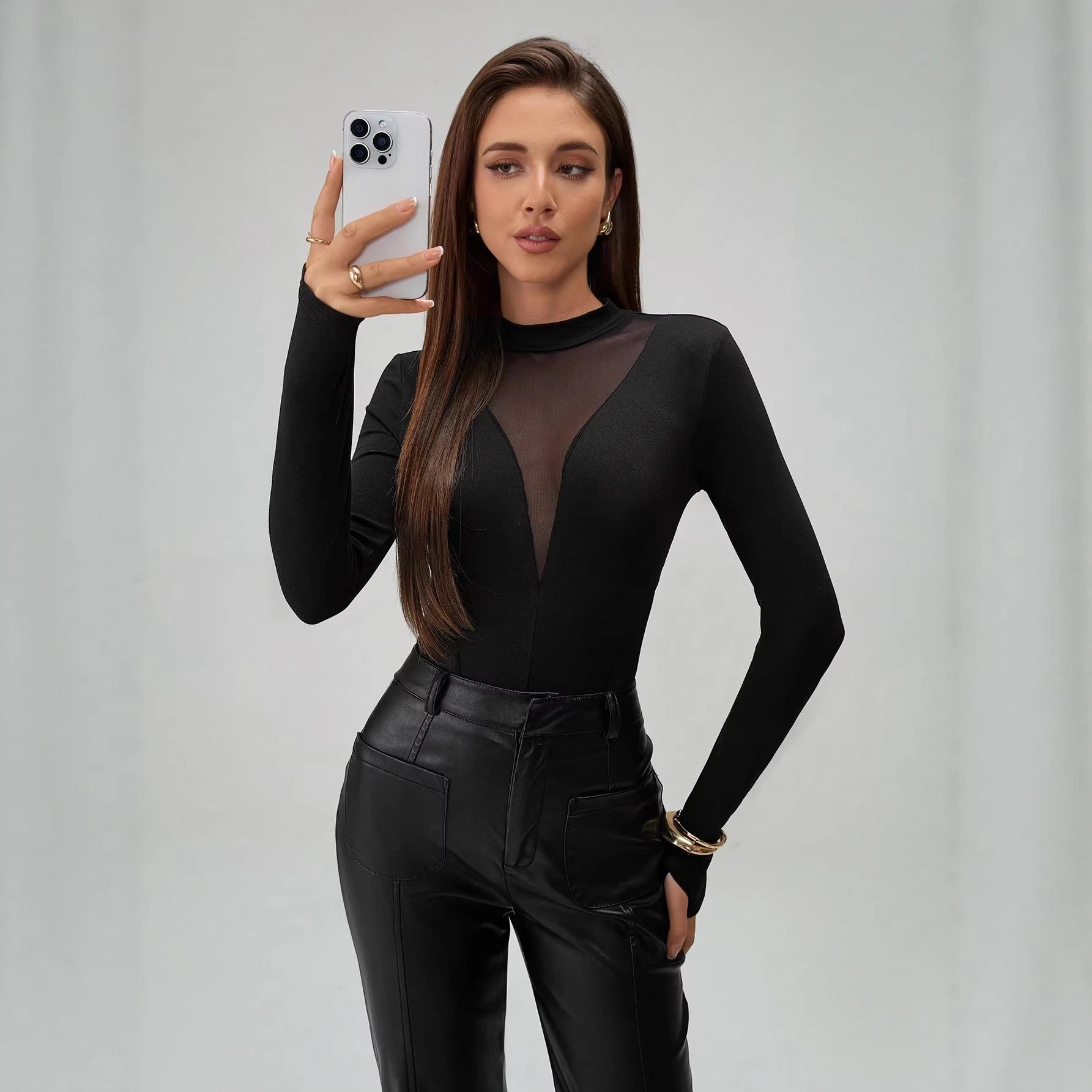 Womens Solid-Color Stand-Up Collar Mesh Sheer Long-Sleeve Jumpsuit