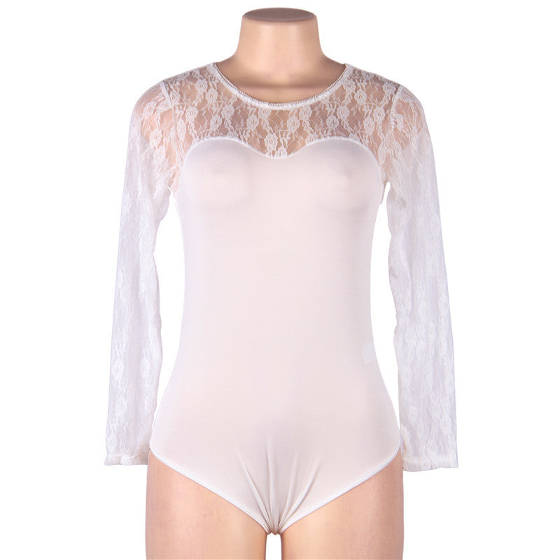 Plus Size Lingerie Long-sleeved Lace Jumpsuit Perspective