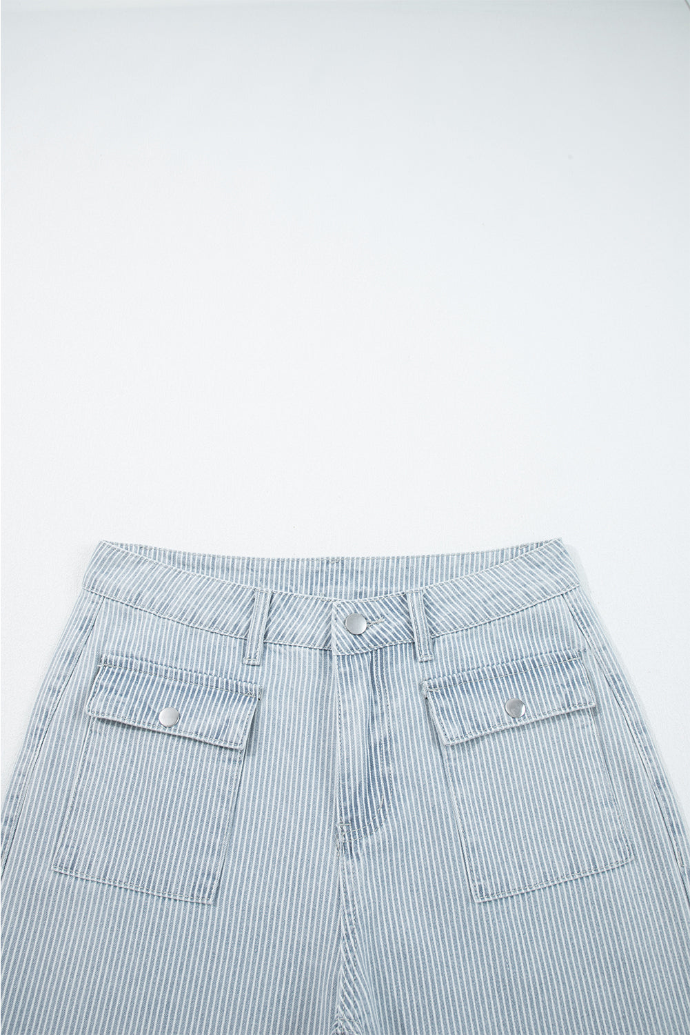 Sky Blue Striped Button Flap Pocket Cuffed Hem Wide Leg Jeans