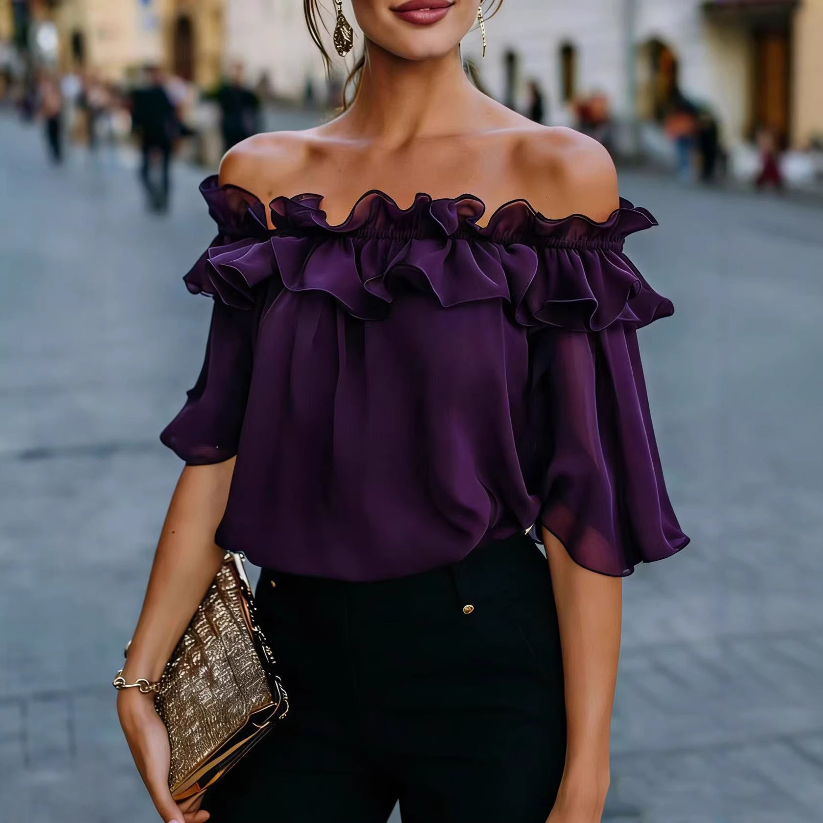Solid-color Sexy Loose Off-shoulder Shirt